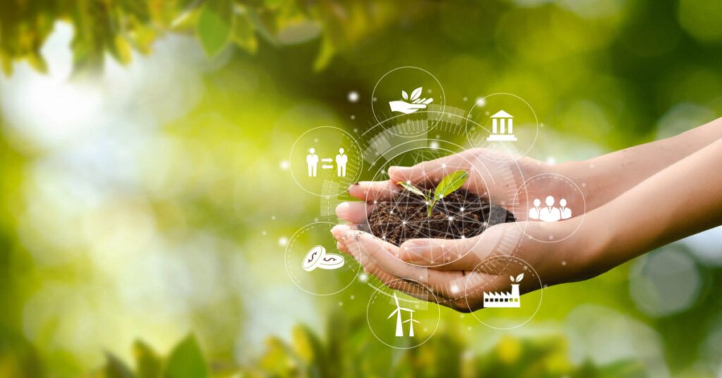 Hands holding a growing plant with ERP functions surrounding